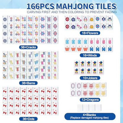 Deluxe American Mahjong Tile Set, 166 Unique Designer Tiles, Blue | Complete game kit with 4 pcs shuffler cards, 4 all-in-one racks/pushers and custom premium travel bag for family game night. - color: Blue