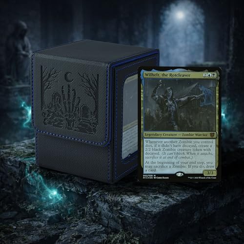 Zombie Themed MTG Deck Box with Commander Display (Black and Blue) | Holds 120 Single/100 Double-Sleeved Cards, Fit MTG/PTCG/OPTCG Cards, Strong Magnet, PU Leather, With 2 Dividers & 1 Toploader - color: Zombie