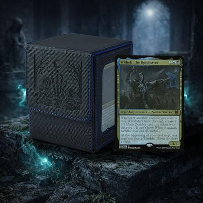 Zombie Themed MTG Deck Box with Commander Display (Black and Blue) | Holds 120 Single/100 Double-Sleeved Cards, Fit MTG/PTCG/OPTCG Cards, Strong Magnet, PU Leather, With 2 Dividers & 1 Toploader - color: Zombie