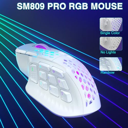 SOLAKAKA SM809 Pro Gaming Mouse with 9 Side Buttons,24000 DPI RGB Mouse for Gamer,16 Programmable Macros MMO Mouse (Wireless, 1-white2) - color: 1-white2
