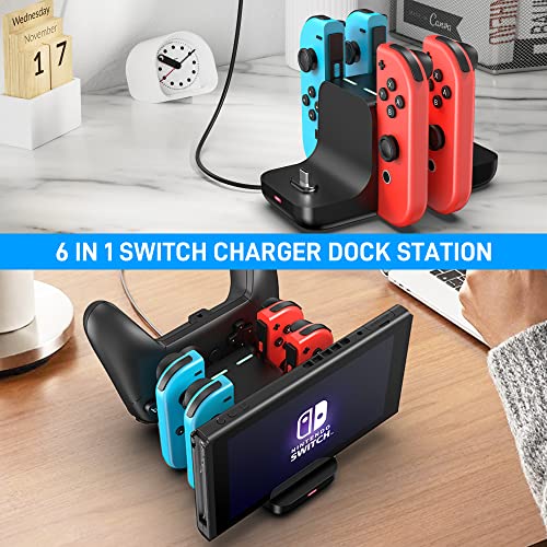GLDRAM 6 in 1 Switch Charger Dock Station for Nintendo Switch & OLED & Lite, Charging Dock Storage Stand for Nintendo Switch JoyCon and Pro Controller with USB C Charging Cable, Black