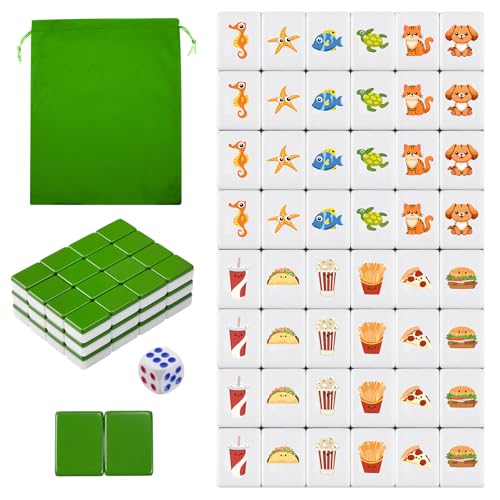 Green Pink 2 Players Mahjong Block Set, Mahjong Tile Game with 50 Tiles with 12 Different Patterns, Animal and Food Pattern, Portable Mahjongg Set with A Carry Bag（Includes Instruction Manual） - color: Green