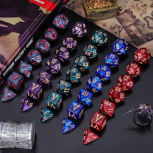 QMay 5 Sets Polyhedral Dice - 5 X 7 (35 Pieces) DND Dice with 5 Drawstring Bags, Roman Number Pattern D4 D6 D8 D10 D% D12 D20, Great for Dungeons and Dragons, RPG, MTG,Role Playing Table Games - color: 5 Sets-35pcs