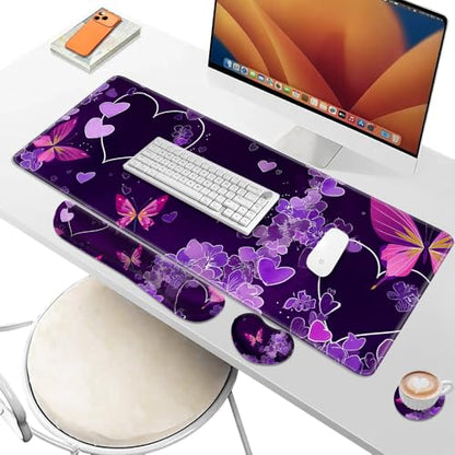 Desk Pad and Keyboard Wrist Rest, Large Mouse Pad + Keyboard Pad+Mouse Wrist Support, Non-Slip Desk Mat Protector for Office, Home 31.5×11.8 Inches Purple Butterfly - color: Butterfly