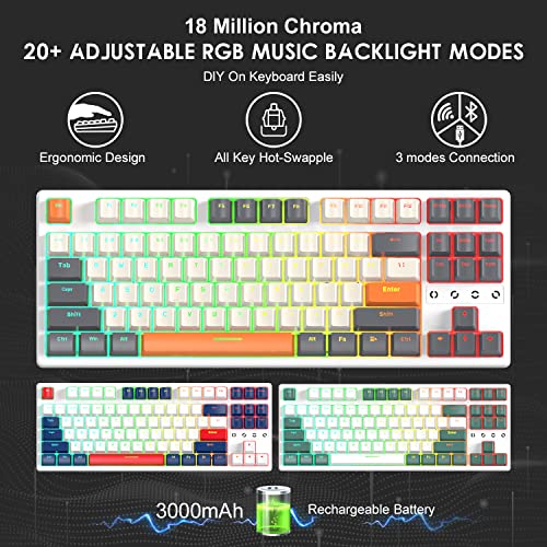 ATTACK SHARK K87 Wireless Keyboard,TKL Mechanical Keyboard,2.4G/BT 5.0/Wired Coiled Keyboard Cable,Hot Swappable Tactile Switch,Chroma RGB,3000 mAh Rechargeable Battery for Windows Mac(White-Gray) - color: White Gray