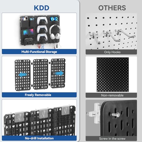 KDD 9 in 1 RGB Gaming Wall Organizer Peg Board - DIY Pegboard Combination Kit with Phone Stand/Pen Holder/Storage Box/Headset & Controller Holder/Hooks for Office & Home Gamer Room Decor Accessories