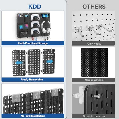 KDD 9 in 1 RGB Gaming Wall Organizer Peg Board - DIY Pegboard Combination Kit with Phone Stand/Pen Holder/Storage Box/Headset & Controller Holder/Hooks for Office & Home Gamer Room Decor Accessories