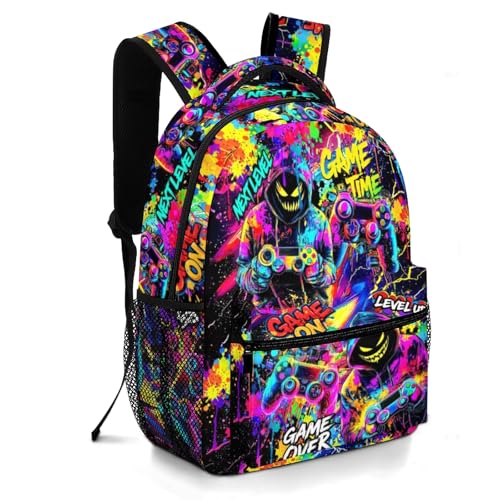 Kids Game Backpack for Boys Video Game Backpack for Kids Children Teens Elementary Middle School Students Bookbag Ages 6-18 Lightweight Adjustable Back Pack - color: Graffiti Game