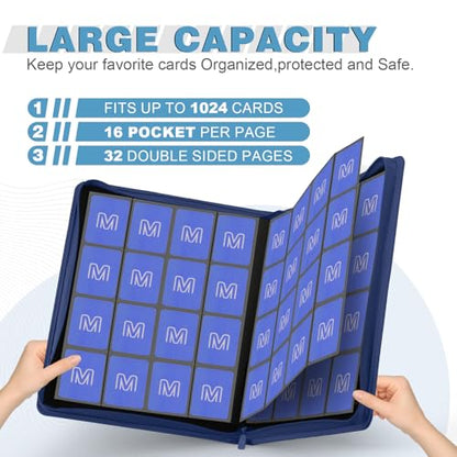 Premium Card Binder 16 Pocket,Trading Card Binder Holds up to 1000+Cards Sturdy Card Collection Album, Card Holder Folders for MTG, TCG, Game Cards & Sports Cards - color: 16 Deep Blue
