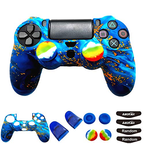Silicone Skin Cover for Ps4 Controller (1pc Anti-Slip Case, 1 Pair L2 R2 Trigger Extender, 4pcs Thumb Grips,4pcs LED Light Bar Decal) Protector for DualShock PS4/ Slim/Pro Controller (sky blue&yellow) - color: sky blue&yellow