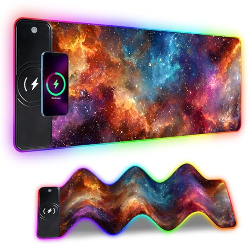 Wireless Charging RGB Gaming Mouse Pad, 31.5 x 11.8 Inch Extended Mouse Mat with Galaxy Nebula Design, LED Desk Pad with 7 Lighting Modes, Non-Slip Base for Gaming & Office - color: 01