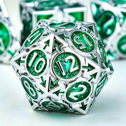 RULE DICE DND Metal Dice Set， D&D Dungeons and Dragons Dice, Cool Large Weighted 7 die Green Metal DND Dice Set, RPG MTG Role Playing Polyhedral Dice Set with D & D Gifts Box, D and D Dice Set - color: Silver-green