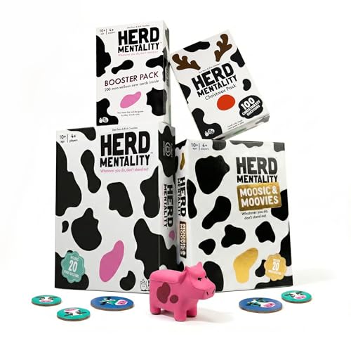 Herd Mentality Board Game Bundle – Herd Mentality Game + Moovies & Moosic Game + Original Expansion Pack + Christmas Pack | Funny Family Party Games for Adults, Teens & Kids