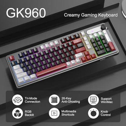 MageGee GK960 Wireless Keyboard, 98 Keys Tri-Mode BT/2.4G/Wired Membrane Gaming Keyboard, RGB Creamy Keyboard with Number Pad, Knob Control, 4000mAh Battery - White & Black - color: White & Black