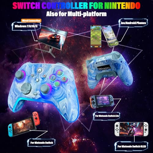 RJAD Switch Controllers Wireless for Nintendo Switch/Lite/OLED/Switch 2, 1200mAh Pro Controller, 10 Colors LED Switch Light up Gamepad, Switch Turbo Remote with Turbo/Gyro/Vibration/Motion Control - color: Light Blue