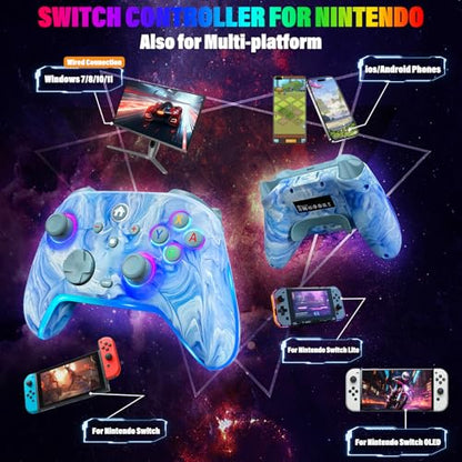 RJAD Switch Controllers Wireless for Nintendo Switch/Lite/OLED/Switch 2, 1200mAh Pro Controller, 10 Colors LED Switch Light up Gamepad, Switch Turbo Remote with Turbo/Gyro/Vibration/Motion Control - color: Light Blue