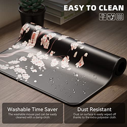 ETZ Japanese Plum Blossoms Black Mouse Pad XL, 31.5 x 11.8, 1 Pack | Extended Desk Mat, Stitched Edges, Non-Slip Rubber Base, Artistic Floral Design, Waterproof Surface, Smooth Gaming Tracker - color: Plum Blossom Mouse Pad-1
