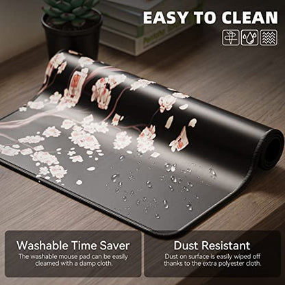 ETZ Japanese Plum Blossoms Black Mouse Pad XL, 31.5 x 11.8, 1 Pack | Extended Desk Mat, Stitched Edges, Non-Slip Rubber Base, Artistic Floral Design, Waterproof Surface, Smooth Gaming Tracker - color: Plum Blossom Mouse Pad-1