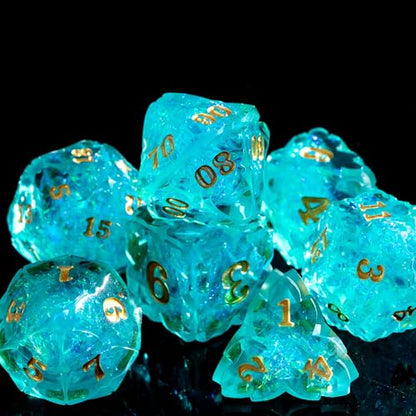 Cusdie Sharp Edge DND Dice, 7 PCS Shamrock DND Dice Set D&D D20 D12 D10 D8 D6 D4, Handcrafted Polyhedral Dice Set for RPG and Other Table Games(Cyan) - color: Cyan