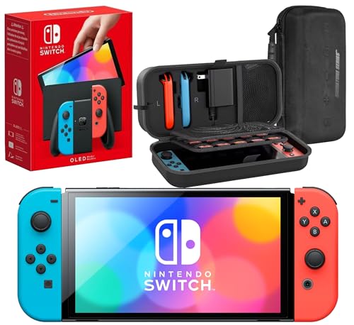 Nintendo Switch OLED with Signature Series Travel Case | Vivid 7” OLED Screen with 64 GB Internal Storage, Enhanced Audio, and Wide Adjustable Stand (Neon Blue and Red) - color: Neon Blue and Red