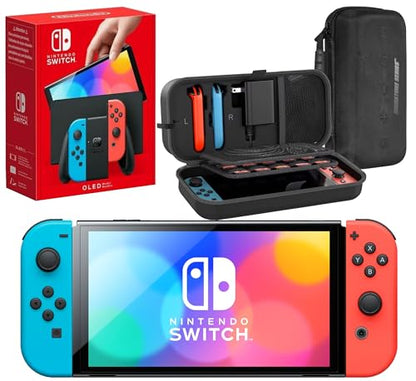 Nintendo Switch OLED with Signature Series Travel Case | Vivid 7” OLED Screen with 64 GB Internal Storage, Enhanced Audio, and Wide Adjustable Stand (Neon Blue and Red) - color: Neon Blue and Red