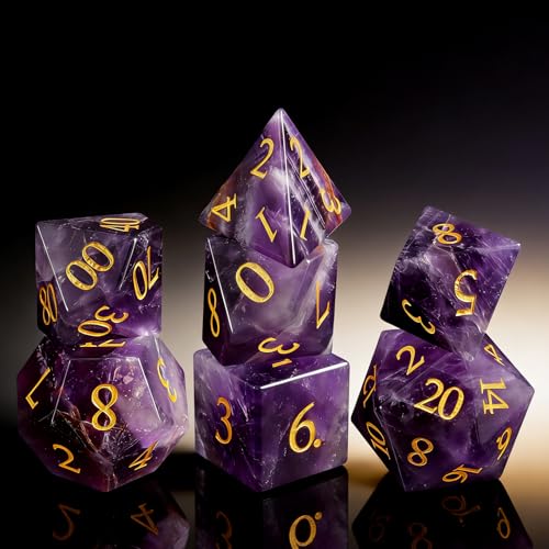 Natural Amethyst 7Pcs Polyhedral Dice Set, Natural Gemstone Multi-Faceted DND Dice for Dungeons and Dragons RPG Tabletop Game (Amethyst-Gold) - color: Amethyst-gold