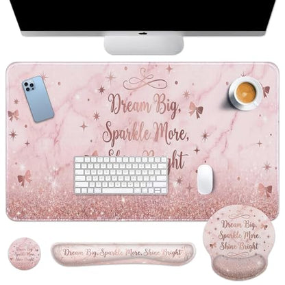 Britimes Pink Glitter Marble Keyboard Mouse Pad Set Bow Inspirational 4in1 Large Mousepad+Keyboard Wrist Rest+Mouse Wrist Rest+Coaster Ergonomic Design for Home Office Computer 35.4x15.7 inches - color: Pink Glitter Marble