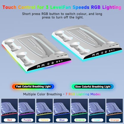 Cooling Station for PS5/PS5 Slim Disc & Digital Console, PS5/PS5 Slim Stand Cooling Stand with RGB Controller Fast Charging Station for PS 5 Console Accessories with Cooling Fan