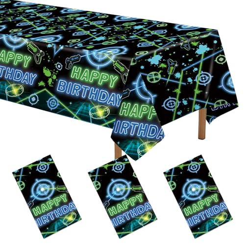 3Pcs Laser Tag Birthday Tablecloth Green Blue Table Cloth 54" x 108" | Neon Themed Gaming Gun Plastic Rectangle Table Cover Shooting Game Party Decorations for Kids Boys Birthday Party Supplies