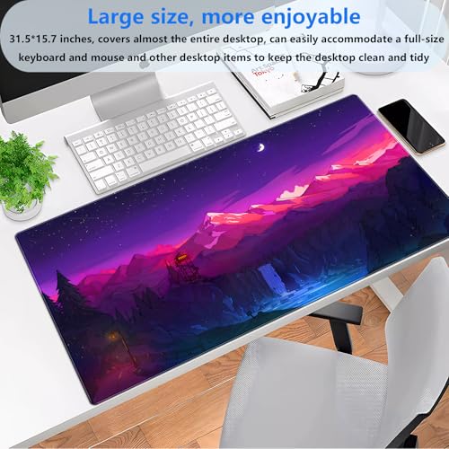 Purple Mountain Desk Mat, Night Sky Large Gaming Mouse Pad 31.5x15.7 in | Aesthetic purple starry night desk pad with comfortable 3mm cushion, smooth fabric top, and non-slip rubber base. - color: Anime Art Scenery1
