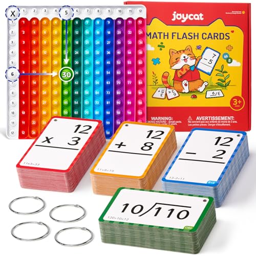 JoyCat 288 Math Flash Cards & Leanring Chart, 4 Operations, Ages 4-8 | Double-sided flash cards and chart with bag, support home practice, math centers and classroom review