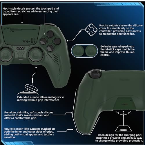 PlayVital Mecha Edition Silicone Cover Compatible with ps5 Controller with 2 Joystick Caps and 6 Stickers, Shockproof Non-Slip Grip Protector Accessories, Fits for ps5 Charging Station - Racing Green - color: Racing Green