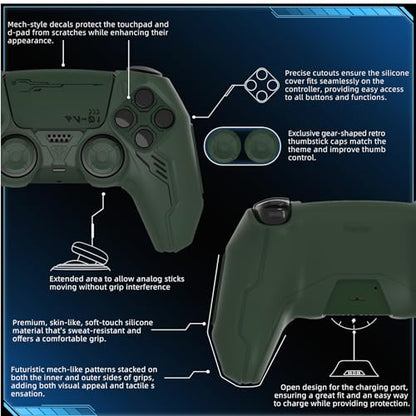 PlayVital Mecha Edition Silicone Cover Compatible with ps5 Controller with 2 Joystick Caps and 6 Stickers, Shockproof Non-Slip Grip Protector Accessories, Fits for ps5 Charging Station - Racing Green - color: Racing Green