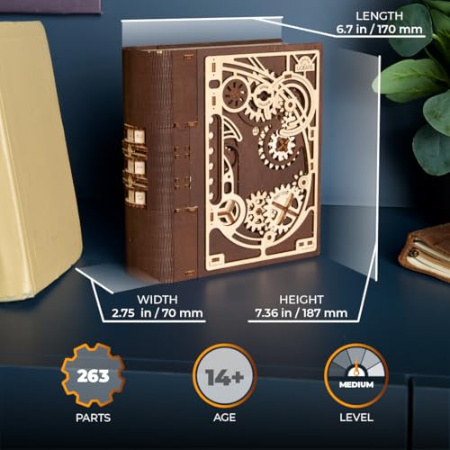 UGEARS Wooden Model Kits for Adults to Build - Book of Secrets 3D Wooden Puzzles for Adults with Steampunk Combination Lock – DIY Mechanical Puzzle Books for Adults – Medium Difficulty 263 Pcs