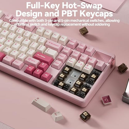 LEOBOG A98 Wireless Mechanical Keyboard, Tri-Mode BT5.0/2.4GHz/USB-C, Creamy Keyboard with Number Pad, Gasket Structure Hot Swappable, PBT Keycaps, RGB Backlit Pink Gaming Keyboard with Knob for PC - color: Creamy&Pink