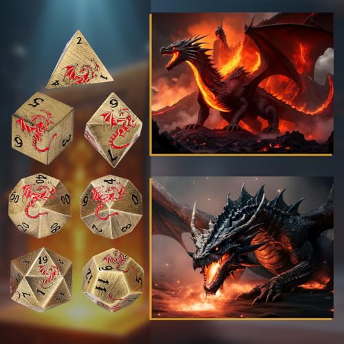 Metal Dice Set, Flat Face Design Dragon Pattern, 7pcs Polyhedral Metal DND Dice Set, DND Starter Set, D&D Gifts with Gift Box, Role Playing Board Games Accessories, Bronze - color: Bronze