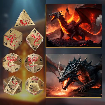 Metal Dice Set, Flat Face Design Dragon Pattern, 7pcs Polyhedral Metal DND Dice Set, DND Starter Set, D&D Gifts with Gift Box, Role Playing Board Games Accessories, Bronze - color: Bronze