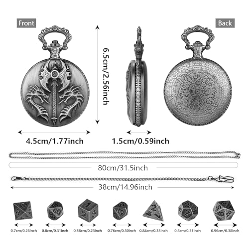Mini DND Dice Set with Double Headed Dragon(Top Double-Sided Axe) Pocket Watch Case, 7-PCS Polyhedral Metal D&D Dice, DND Gifts with Gift Box, Role Playing Game Board Game Accessories Dice, Silver - color: Dark Silver