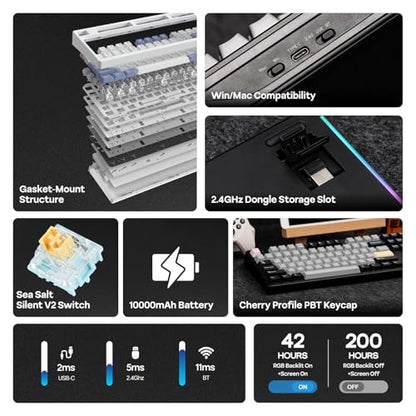 EPOMAKER TH108 PRO Full Size Mechanical Keyboard with Screen & Knob, Wireless Gaming Keyboard with 10000mAh, Creamy Gasket, Hot Swap, Custom Driver, RGB Backlight (Black, Sea Salt Silent) - color: Black, size: Sea Salt Silent