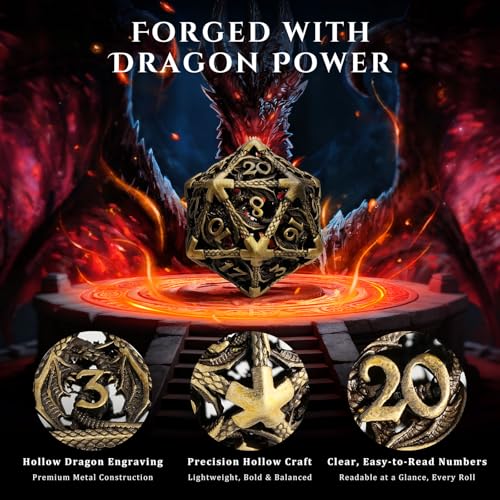 MoKo Dragon Hollow Metal DND Dice Set, Bronze | 7 Pcs Polyhedral, D20 D12 D10 D8 D6 D4, For Dungeons and Dragons RPG Games, With Gift Box - color: 4 - Bronze