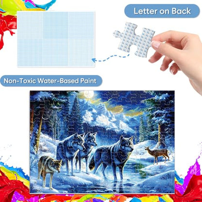 Jeacirio 100 Piece Jigsaw Puzzle for Kids Ages 6-8 8-10, Wolf Family in Snowy Mountain Forest, Educational Animal Puzzle, Screen-Free for Boys Girls - size: Wolf Puzzles