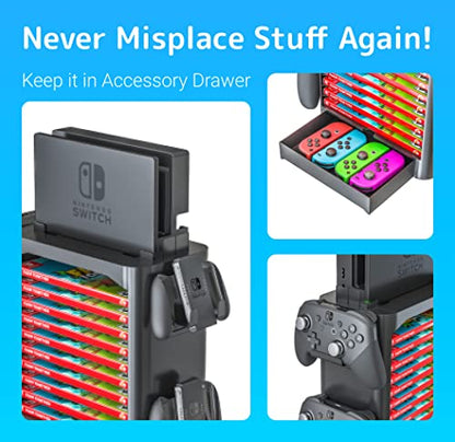 NS Compatible Nintendo Switch Games Holder, Nintendo Switch Stand - Black | Holds up to 10 Game Case & 4 controllers Game Disk Rack, Switch Holder Stand for Gamers, Nintendo Switch Accessories - color: Black