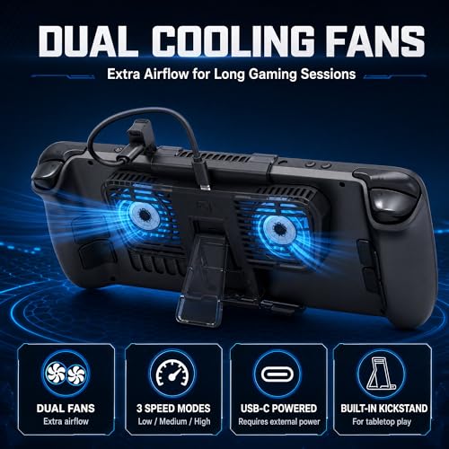 Steam Deck Cooling Fan with Stand, Dual Fan Cooler for Steam Deck, Adjustable Speed USB-Powered Cooler with Blue LED, Portable Cooling Stand for Handheld Gaming