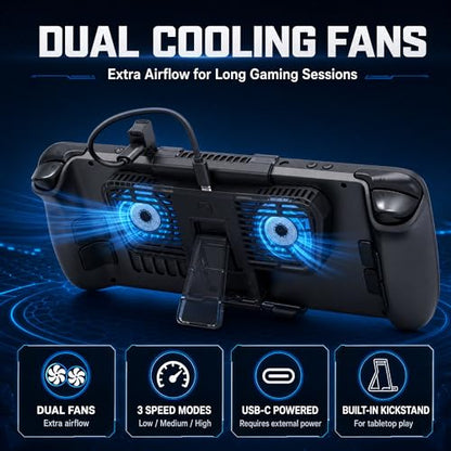 Steam Deck Cooling Fan with Stand, Dual Fan Cooler for Steam Deck, Adjustable Speed USB-Powered Cooler with Blue LED, Portable Cooling Stand for Handheld Gaming