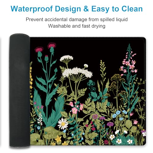 XXL Waterproof Office Desk Pad Protector 35.4x15.7 Inch - Extended Gaming Mouse Pad with Non-Slip Rubber Base, Thickened Keyboard Mat, Stitched Edges & Weeds Design - color: A-black