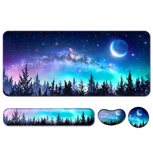 4 in 1 Mouse Pad and Keyboard Wrist Rest,Large Desk Mat,Coaster Set-Forest | Desk Matt For Desktop Wrist Rest Support XXL Gaming Cute Ergonomic for Computer Laptop Women Office Home Decor - color: C1-forest Moon