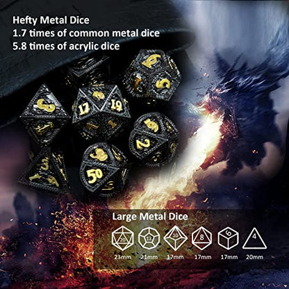 Haxtec Metal DND Dice Set, 7 Pcs Dragon Pattern Polyhedral Dice for RPG | Gold Number D&D Dice with Leather Bag, Compatible with Dungeons and Dragons, Black Heavy Metallic, Gifts for Table Games - color: Black Gold