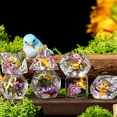 Cusdie 7-Die DND Dice, Polyhedral Dice Set Filled with Animal, for Role Playing Game D&D Dice (Bee Purple Flower) - color: Bee Purple Flower