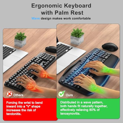 Wireless Keyboard and Mouse Combo, Full Size Ergonomic Wave Keys(Black) | 2.4G Ergonomic Keyboard with Wrist Rest, Phone Holder, 3-Level DPI Silent Mouse with 6-Buttons, for Windows/Mac OS/Laptop/PC - color: Black