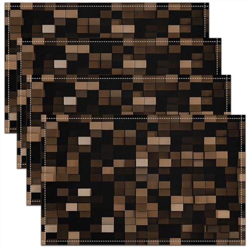Pixel Grid Miners Kids Placemats Set of 4,Video Games Plaid Lattice Table Place Mats,Geometric Modern Check Kitchen Decor,Brown Placemat Kitchen Table Decoration 12"x18" - color: A-brown